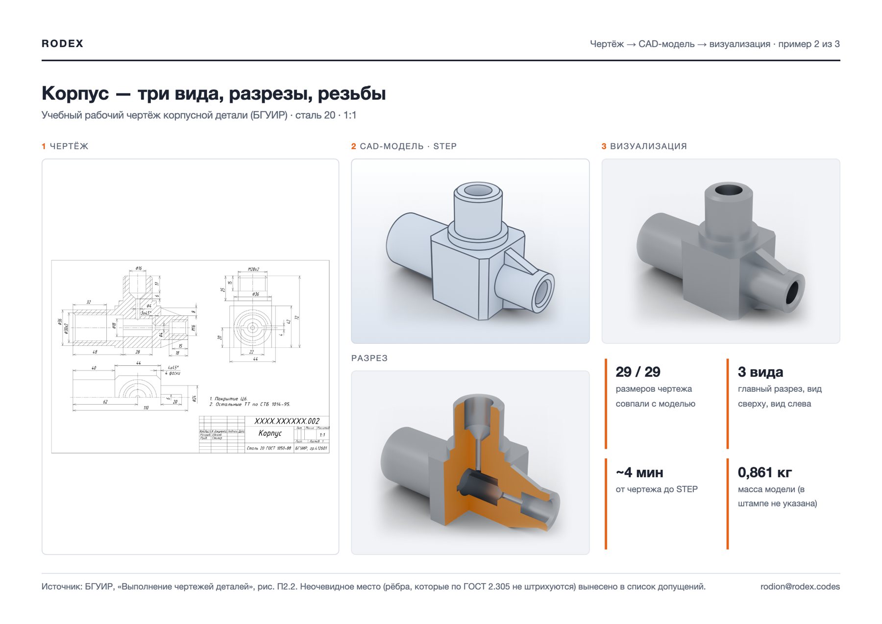 Housing — three views, sections, threads