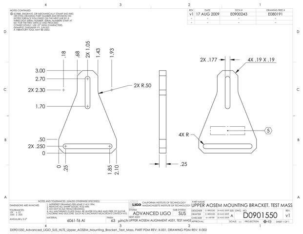 Чертёж: Кронштейн D0901550 v1 (UPPER AOSEM MOUNTING BRACKET, TEST MASS), 6061-T6
