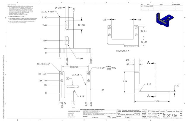 Чертёж: D1001756 v1 — aLigo, TCS, Upper Custom Connector Bracket (6061-T6)