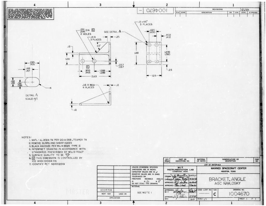 Чертёж: Кронштейн угловой 1004670 (BRACKET, ANGLE, AGC NAV DSKY)